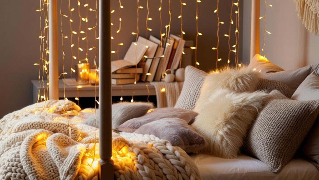 four poster bed decorated with fairy lights for cozy bedroom