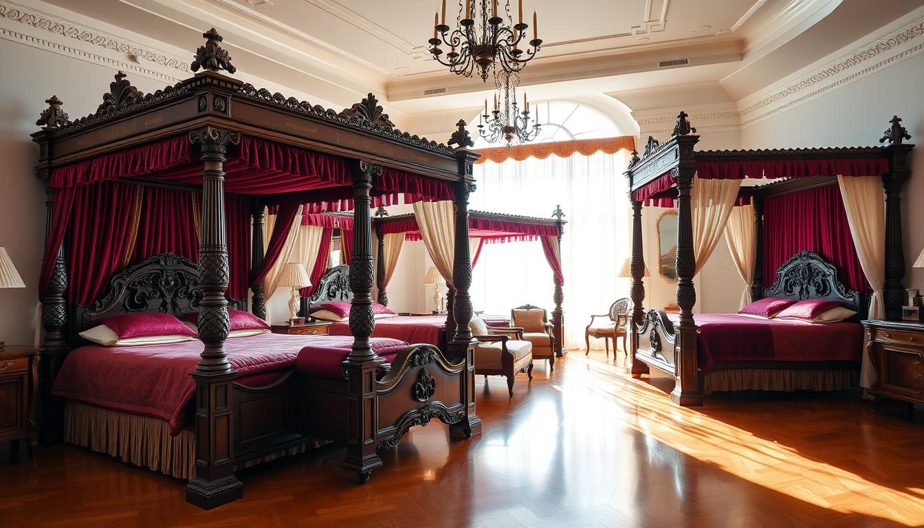 A modern four poster bed with slim posts adds height and elegance to a small bedroom.