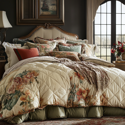 Sham bedding close-up: Euro shams with intricate designs placed against a headboard.