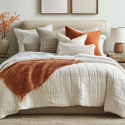 Sham bedding styling: layered pillows, throw blankets, and a coordinated comforter.