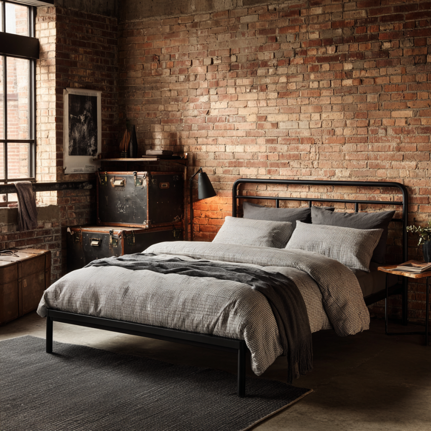 metal bed frame in industrial loft