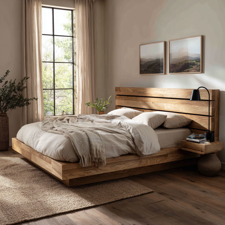 solid wood bed frame in modern rustic bedroom