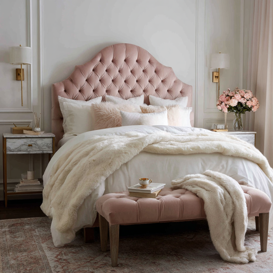 upholstered bed frame in boutique bedroom