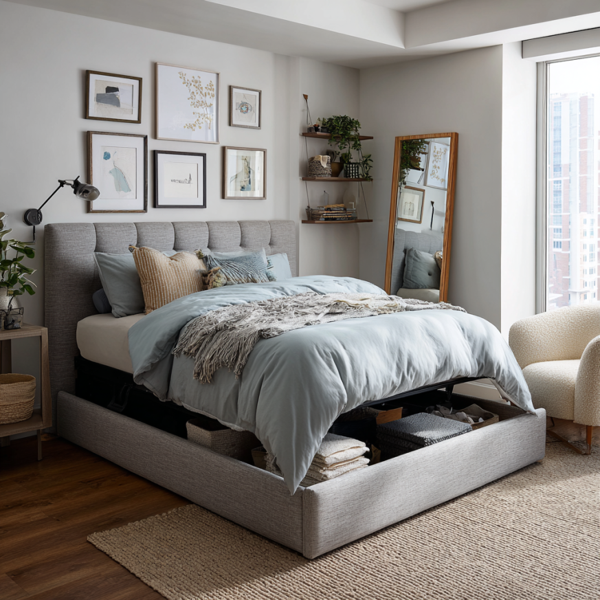 upholstered storage bed frame in compact guest room