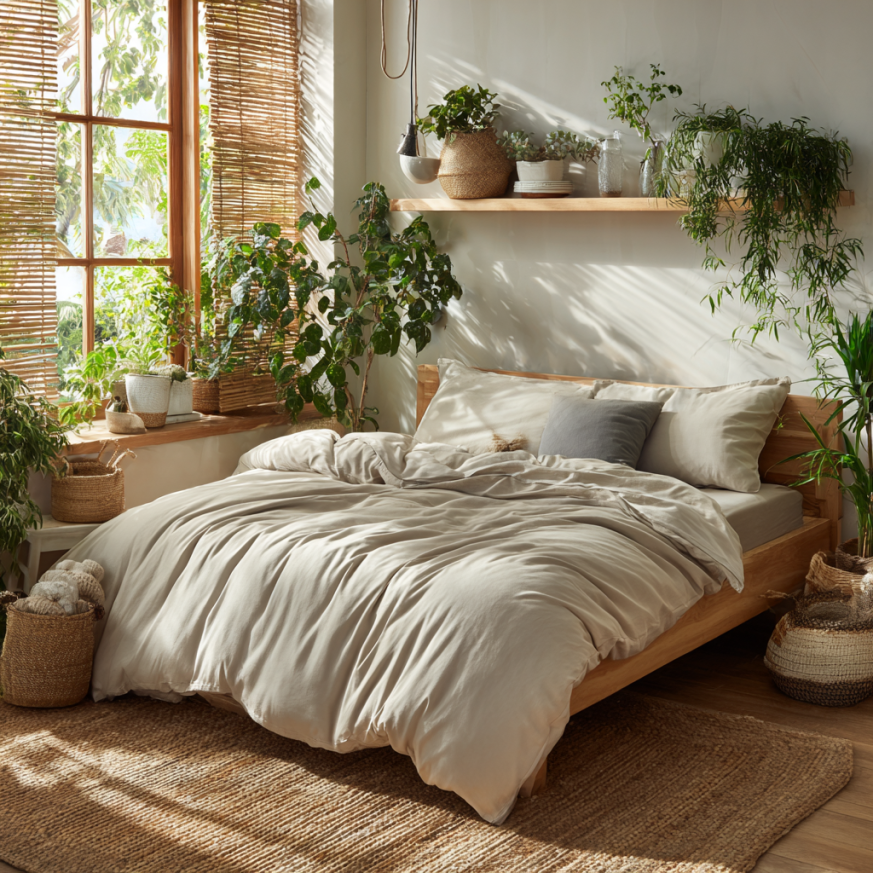 Indoor air-purifying plants and toxin-free decor in eco-friendly bedroom