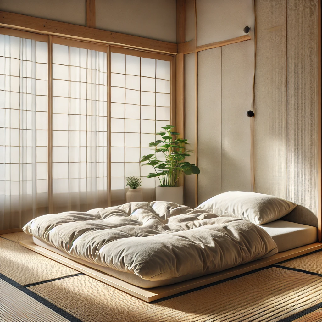 Japanese futon setup representing types of beds around the world in a minimalist room