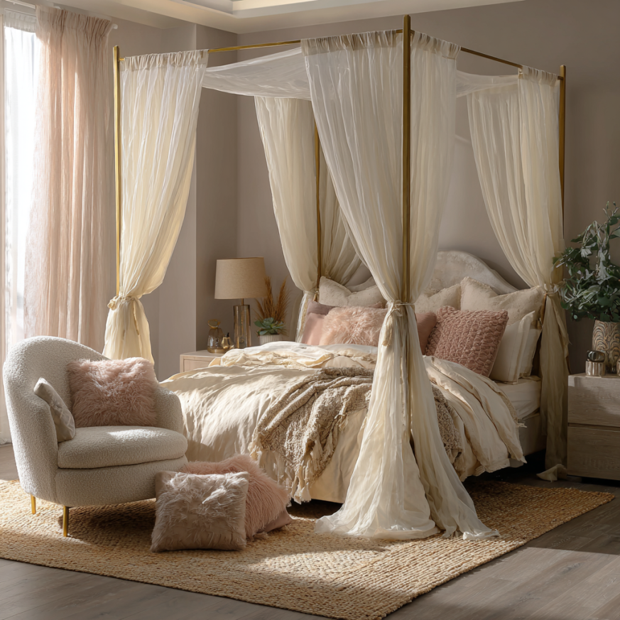 Modern canopy bed with sheer drapes