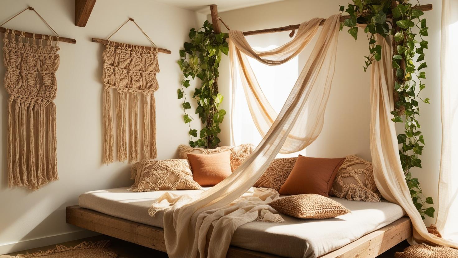 canopy bed decorating ideas with DIY boho fabric canopy and plants