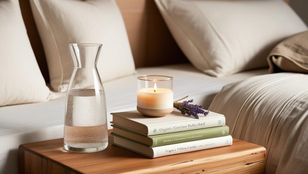 green bedroom essentials with sustainable furniture and plants