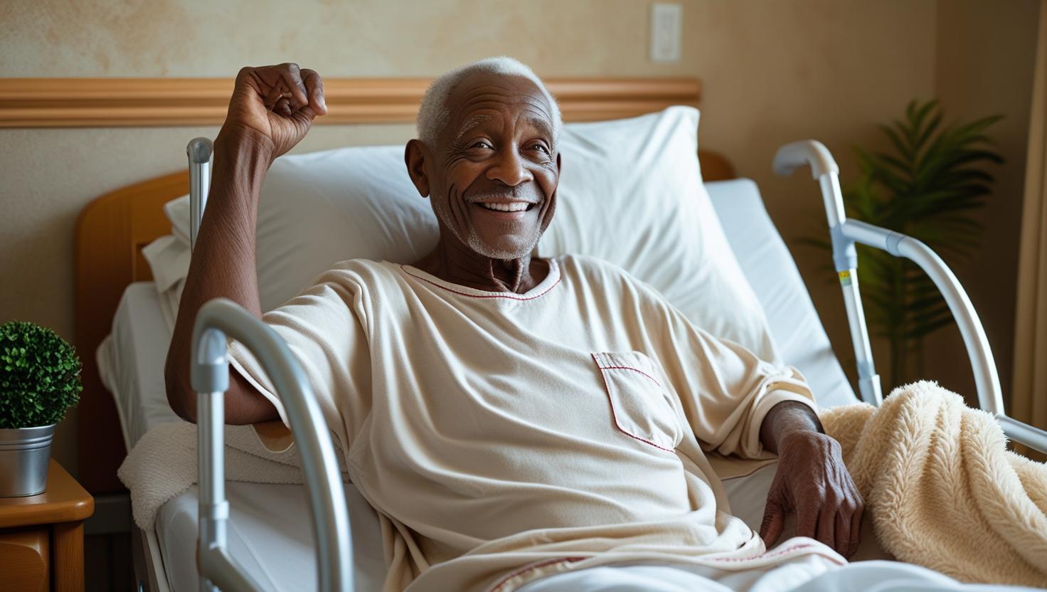smiling elderly man enjoying comfort in an adjustable bed with raised back support
