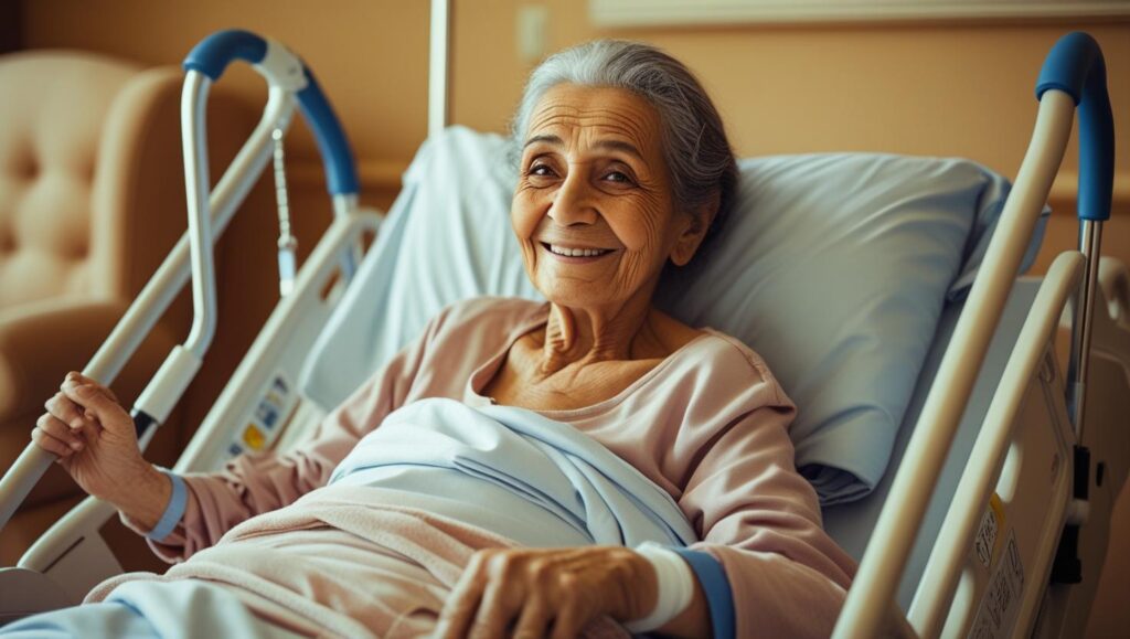 elderly woman smiling in hospital-style bed highlighting adjustable beds types benefits and best uses for senior comfort and independence