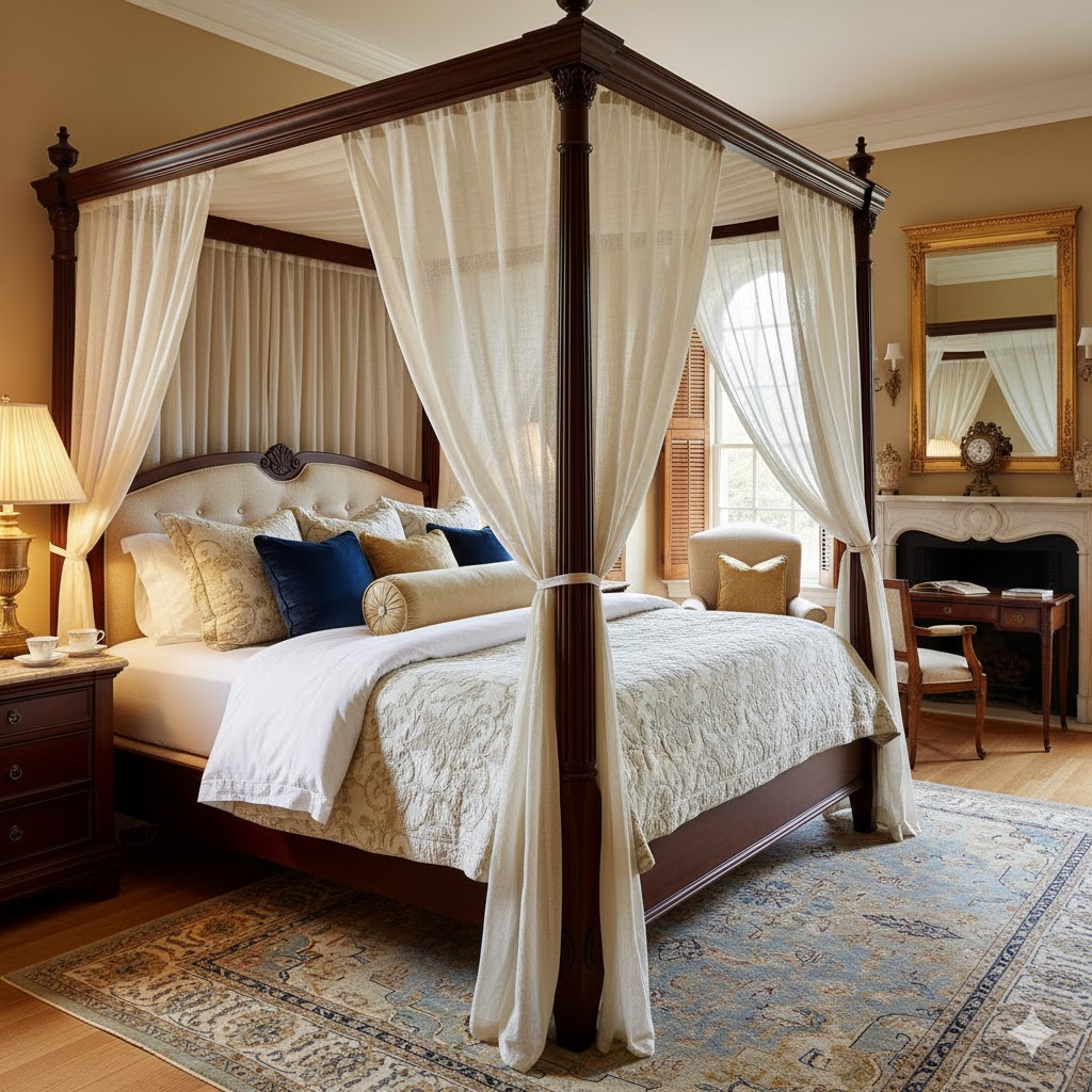 “This image shows a calm, modern bedroom to illustrate choosing a four-poster canopy bed as an elegant architectural centerpiece.”