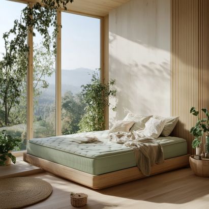 Green bedding materials such as bamboo, organic cotton, and TENCEL displayed in a stylish bedroom