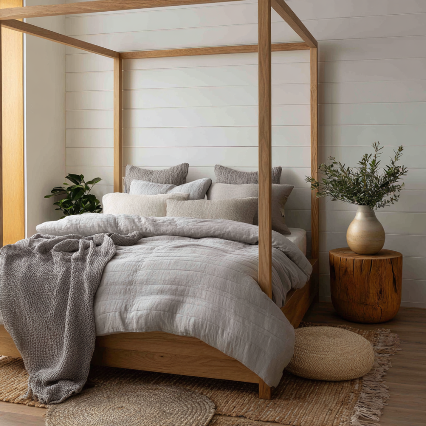 Queen canopy bed in a light oak finish styled for a calm guest room