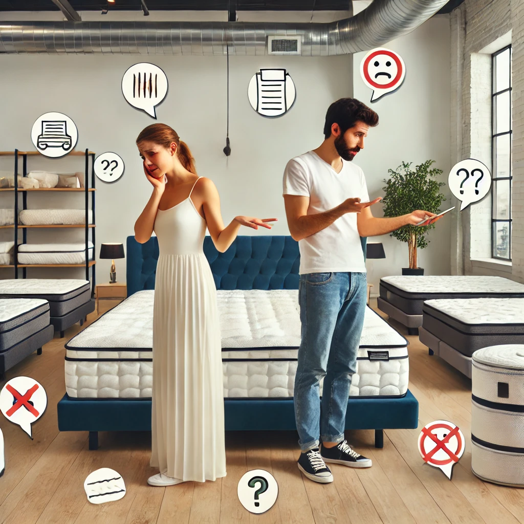 Couple testing mattress comfort together in a showroom setting