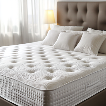clean bed with pillows and white bedding in room