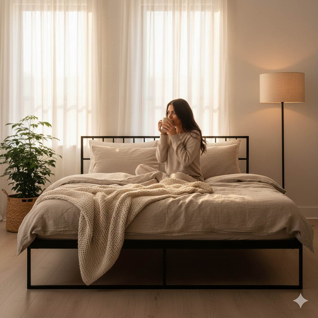 Close-up of metal bed frame corner with mustard throw, journal, and cozy candlelight.