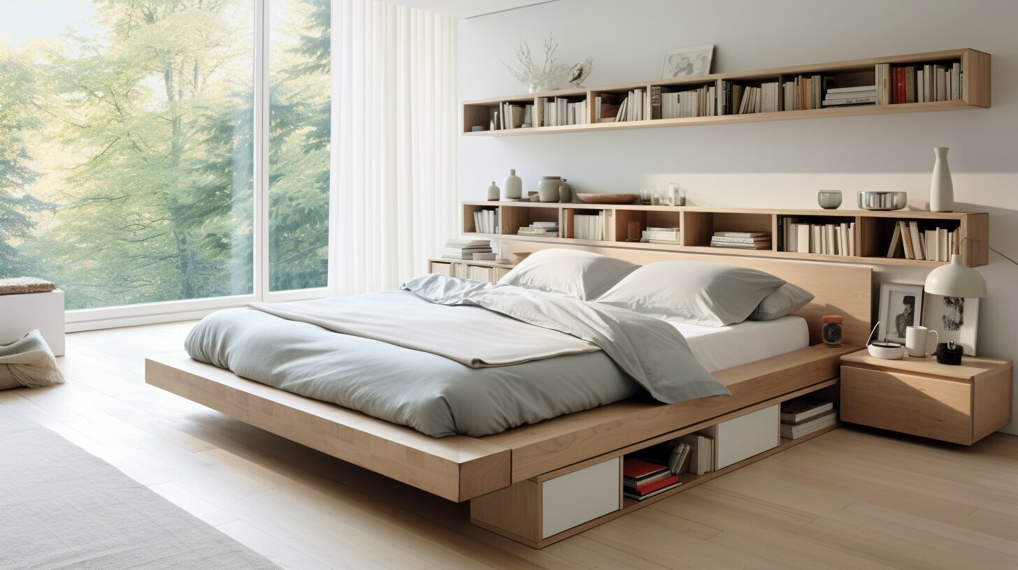 modern storage beds with lift-up compartment and bedding
