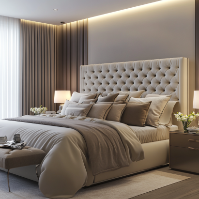 "Upholstered bed with a tufted headboard, highlighting comfort in modern bed types."
