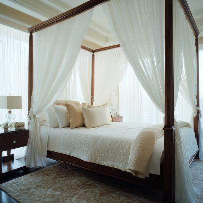 "Canopy bed with sheer drapery, a timeless design among modern bed types."
