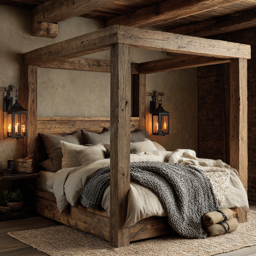 Rustic wood Queen canopy bed with farmhouse decor