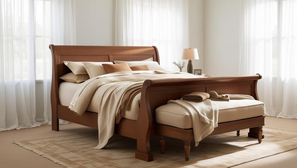 Sleigh bed with curved wood design and cozy bedding in a warmly lit, elegant bedroom.