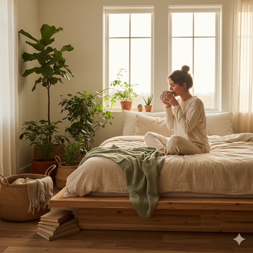 Cozy bedroom with sustainable wooden bed frame, organic bedding, and woman sipping tea in morning light.