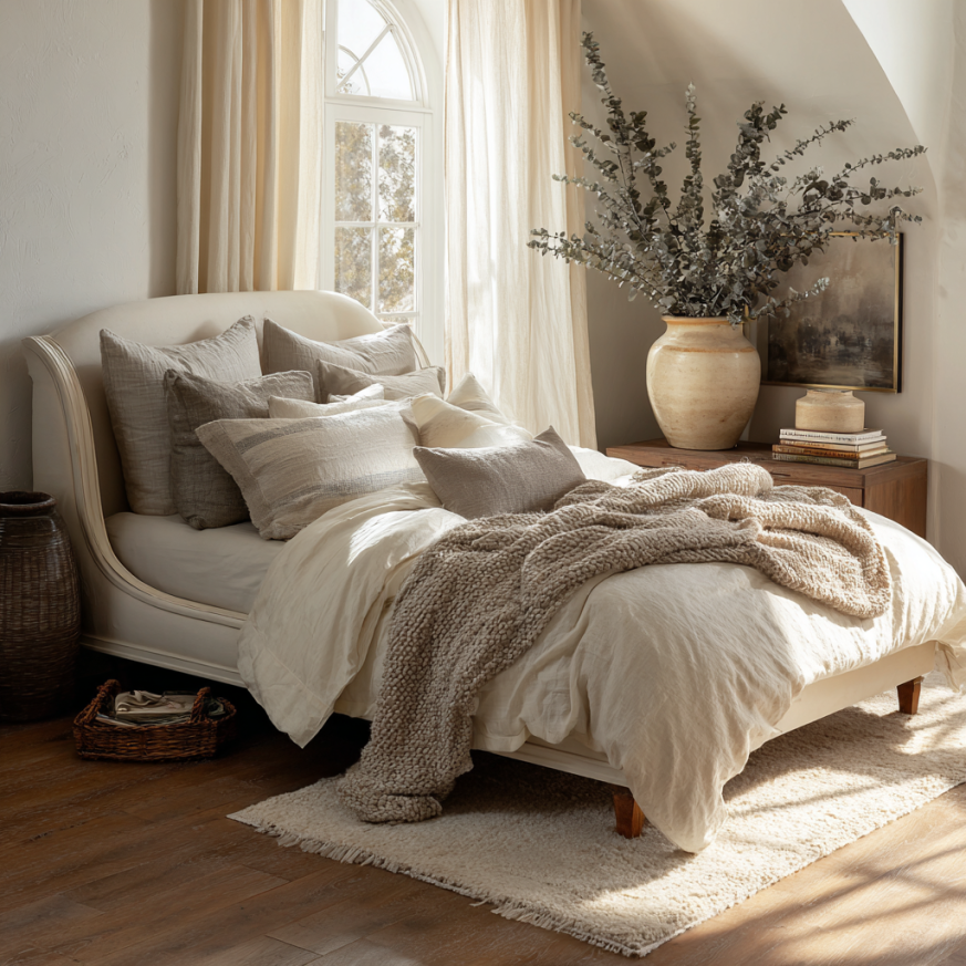 This photo features a gray painted sleigh bed in a bright modern room to show how a painted sleigh bed can feel airy even in contemporary spaces.