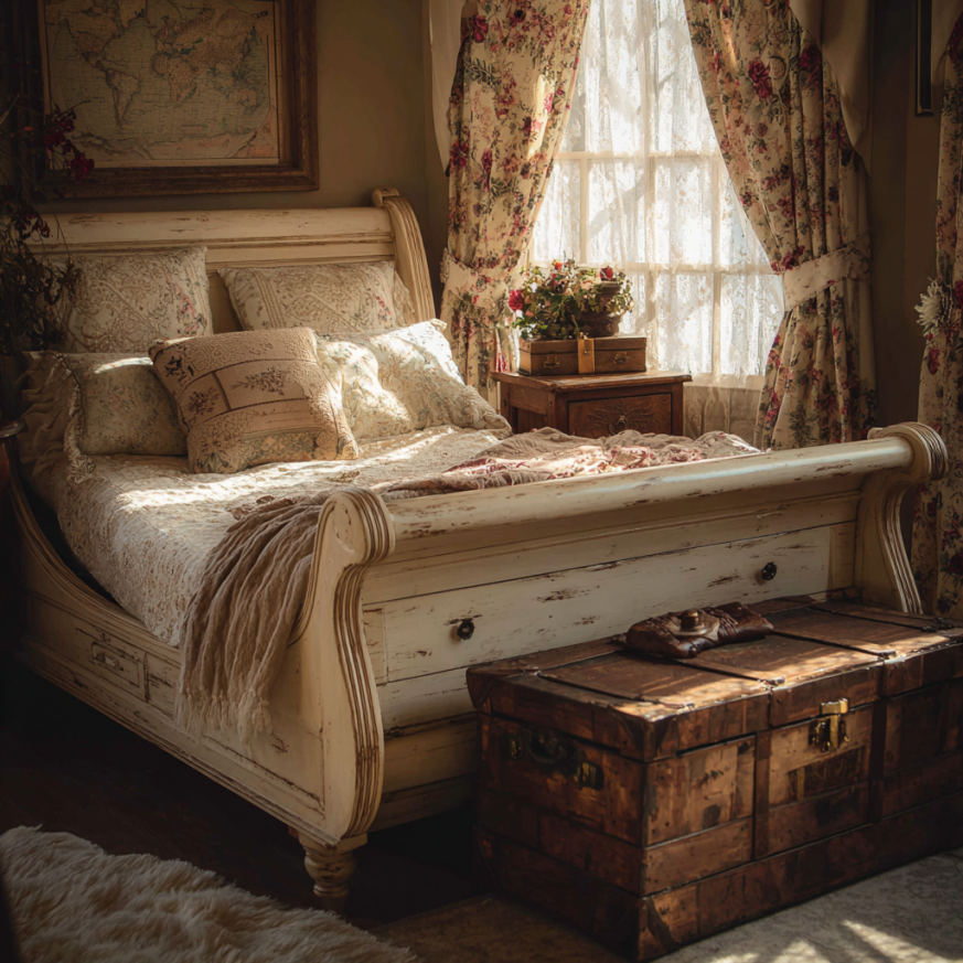 This photo shows a cream painted sleigh bed in a traditional room to highlight how a painted sleigh bed complements classic furniture and warm lighting.
