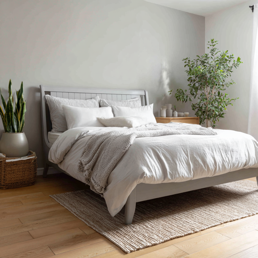 This image displays a blue painted sleigh bed with colorful pillows to demonstrate how a painted sleigh bed becomes a vibrant focal point with accent textiles.