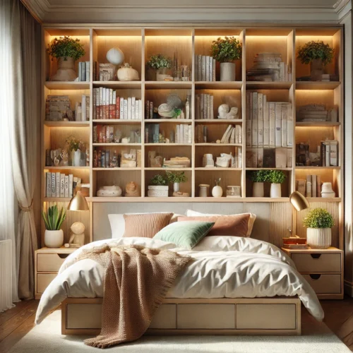 bookcase storage bed in a modern bedroom — benefits and shelving detail