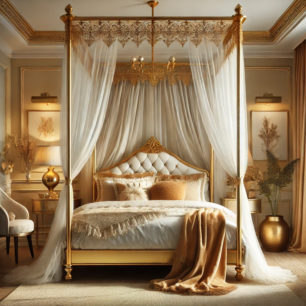 Sheer curtains and textures highlighting gold canopy beds glamour and style