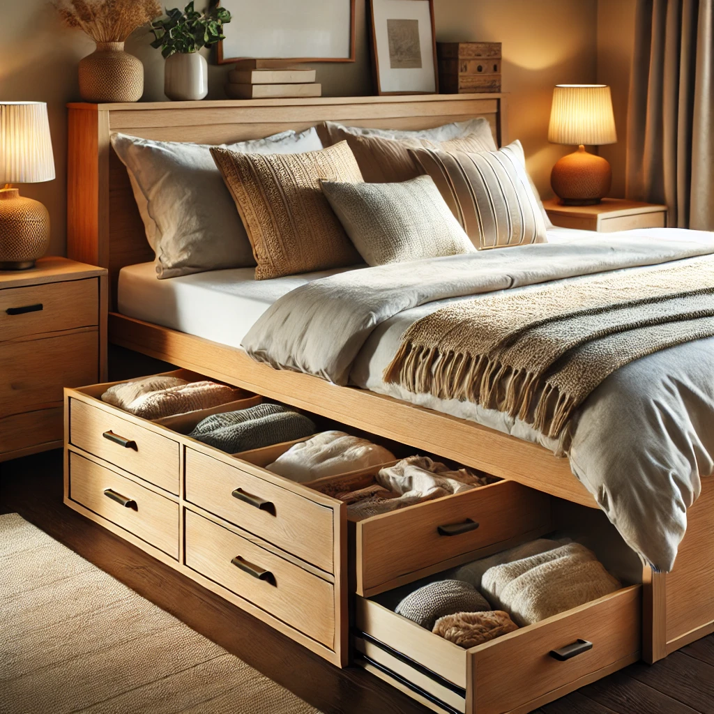 Beautiful bedroom styled with wooden bookcase storage beds and built-in drawers for an organized space