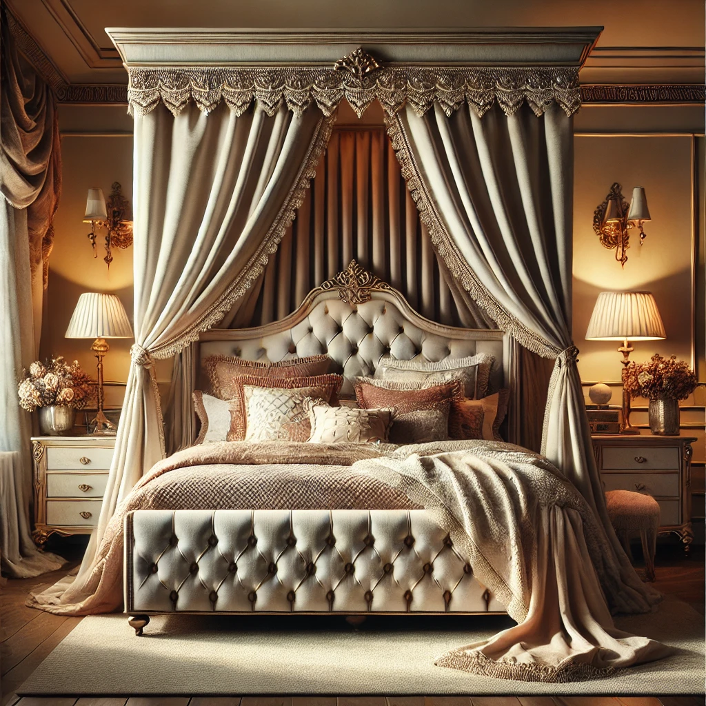 upholstered canopy bed with luxurious bedding and soft curtains