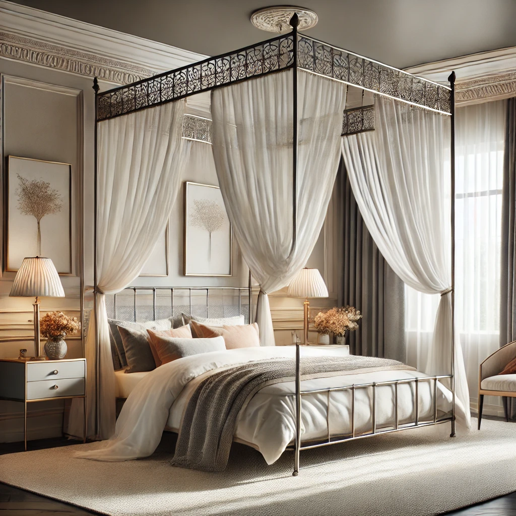 metal canopy bed with elegant drapes in a beautifully styled bedroom