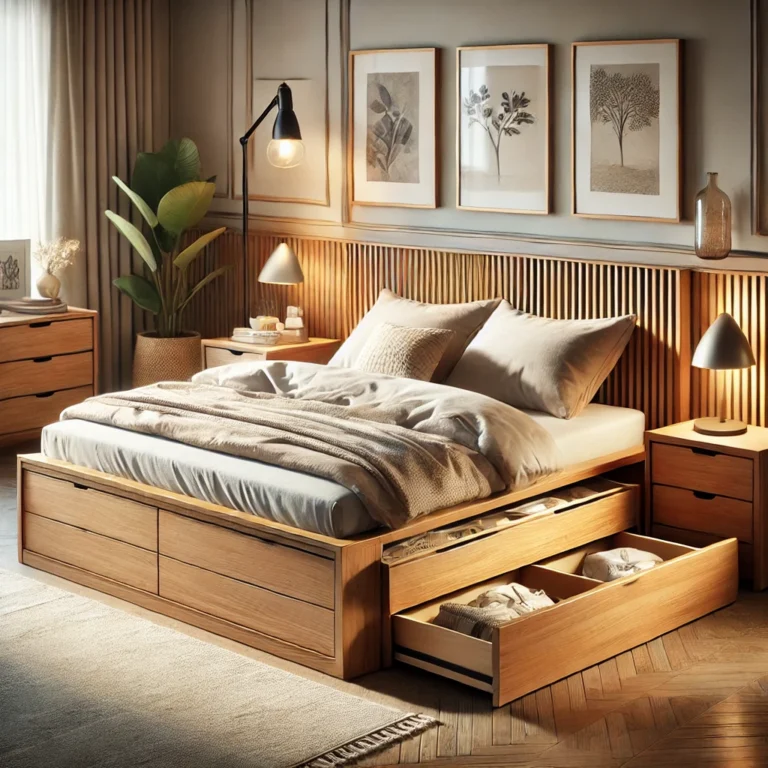 Wooden bed with built-in storage drawers beside a low dresser in bedroom