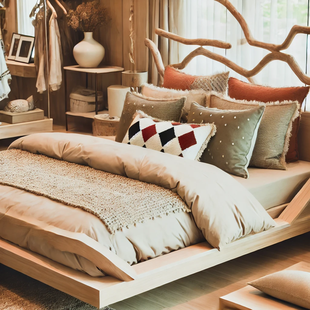 modern bedroom with unique bed designs featuring a creative asymmetrical frame