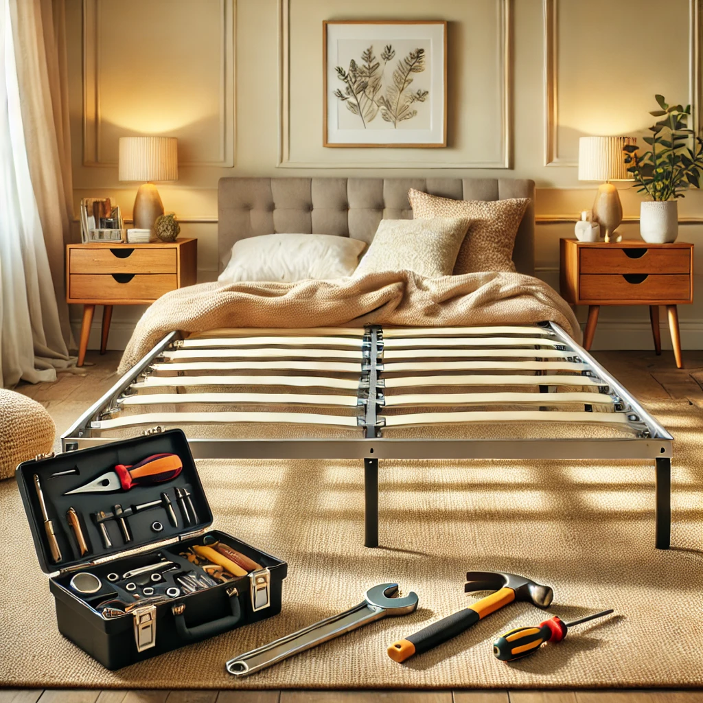 Organized bedroom with toolbox showing how to stop metal bed frame from squeaking