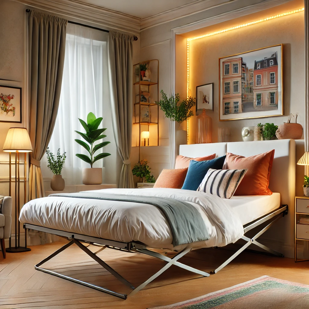 space-saving folding bed stored neatly in a modern bedroom