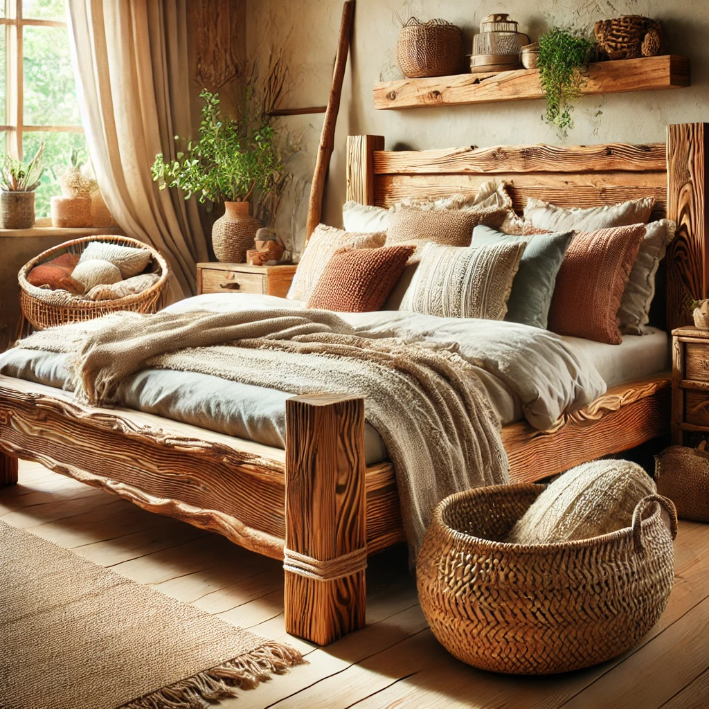This serene bedroom features a wooden frame and handcrafted details that showcase rustic bed design in a warm, inviting space.