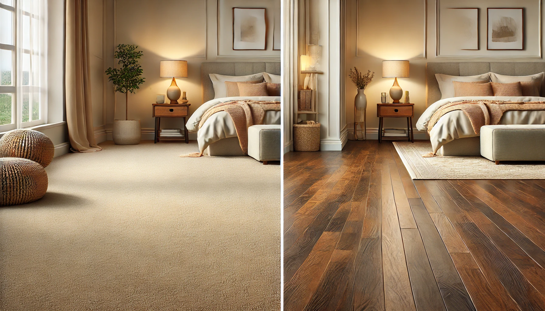 This split-scene photo shows Carpet vs Hardwood in two cozy bedrooms, helping you visualize how each flooring type affects noise and privacy in the Carpet vs Hardwood decision.