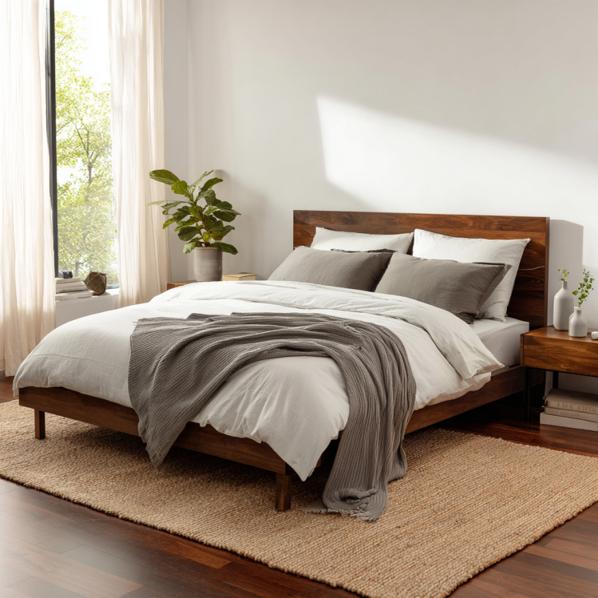 This styled shot shows a wooden queen mattress bed frame beside an upholstered option, helping you compare how a queen mattress bed frame looks in different materials.