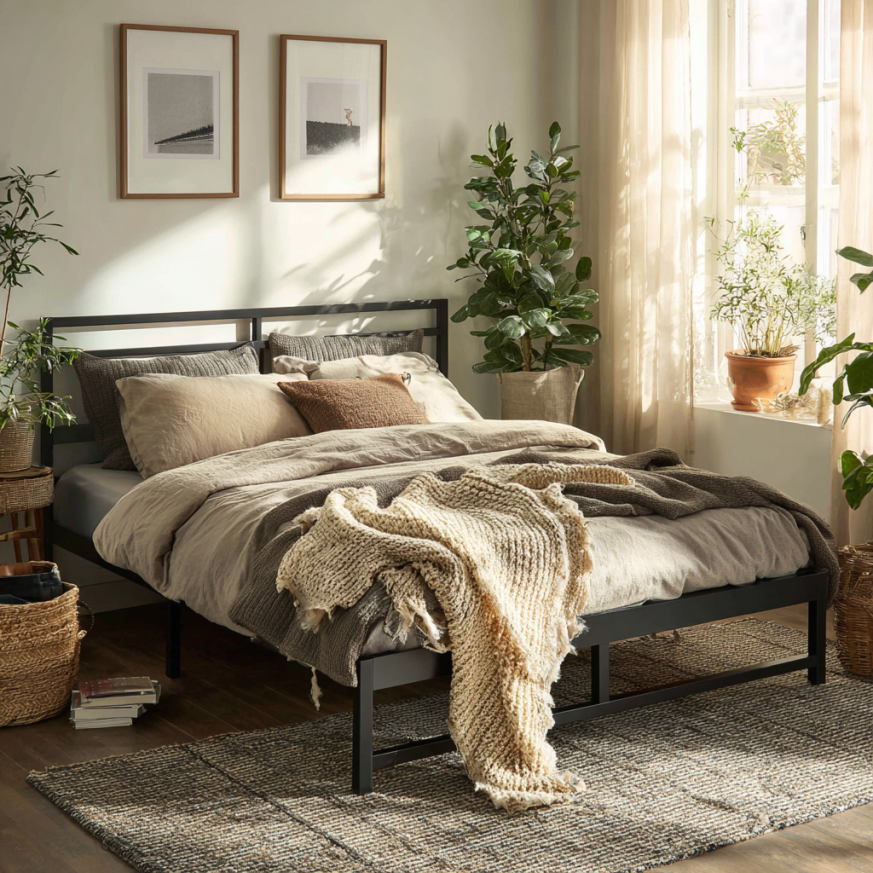 This minimal bedroom shows a queen mattress bed frame with a supportive foam mattress, demonstrating how a queen mattress bed frame offers spacious comfort without crowding the room.