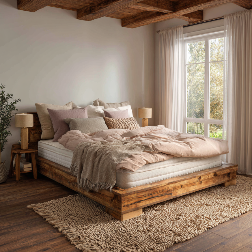 This bright, modern bedroom shows a queen mattress bed frame styled with neutral bedding and proves how a queen mattress bed frame fits comfortably in most rooms.