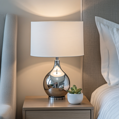 Minimalist side table lamp with a metallic base and white fabric shade.