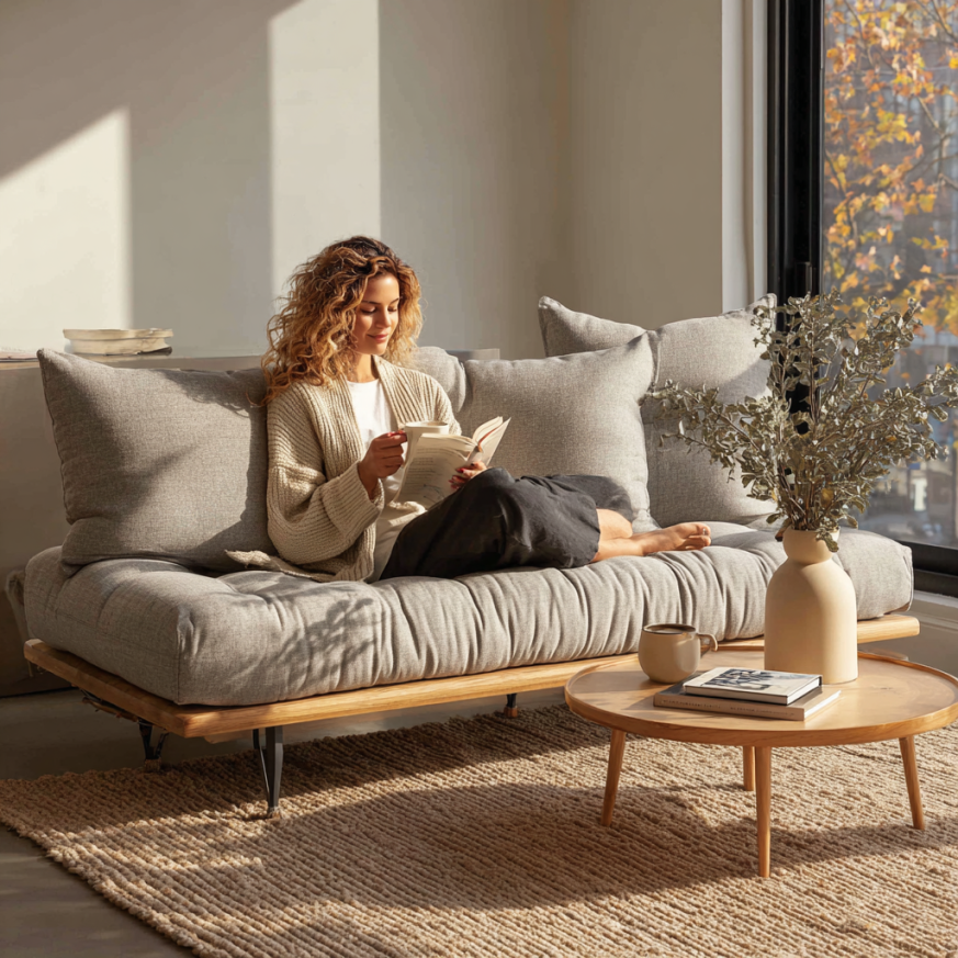 A bright living space showing a sectional sofa bed with mattress opened up, highlighting how a sofa bed with mattress fits both guests and family use.