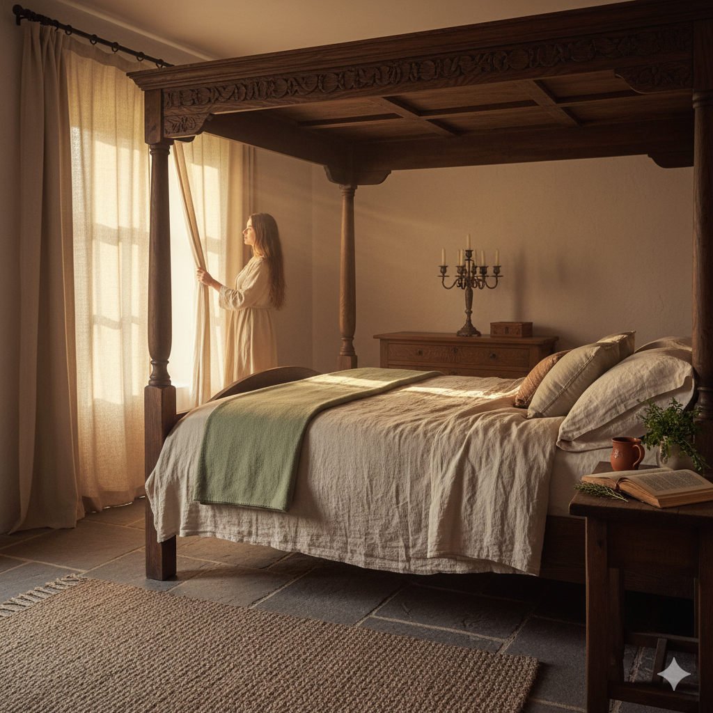 Cozy medieval-inspired bedroom with sage blanket, rustic wood accents, and woman opening curtains in morning glow.