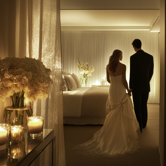 Priestly blessing and candles depicted in nuptial bedding ceremonies as sacred tradition.