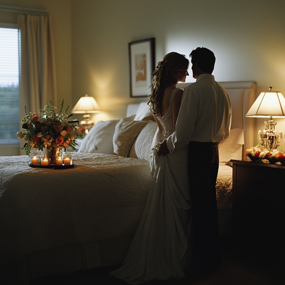 Bride and groom relaxing in a modern minimalist bedroom, capturing the emotional essence of historic bedding ceremony stories