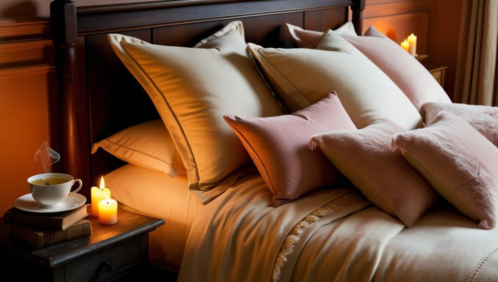 Peaceful evening setup for modern bedding rituals with candles and cozy bedding.